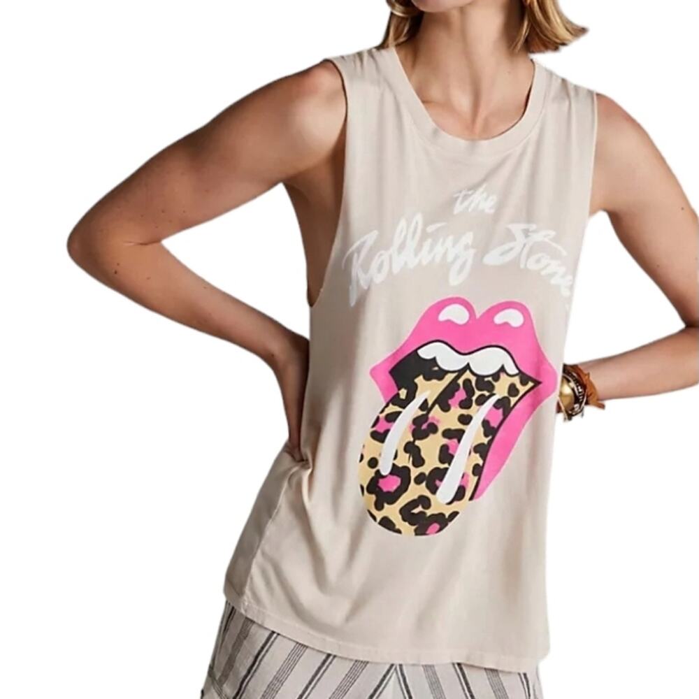 Anthropologie Leopard Lip‎ ROLLING STONES Tank Top Sz M Sleeveless Punk Festival